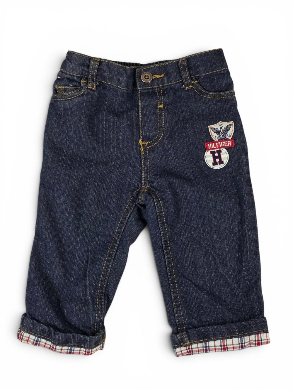 Tommy Hilfiger Baby Boys Patch Jeans 6-9M Dark Wash Plaid Cuff Logo Denim Preppy